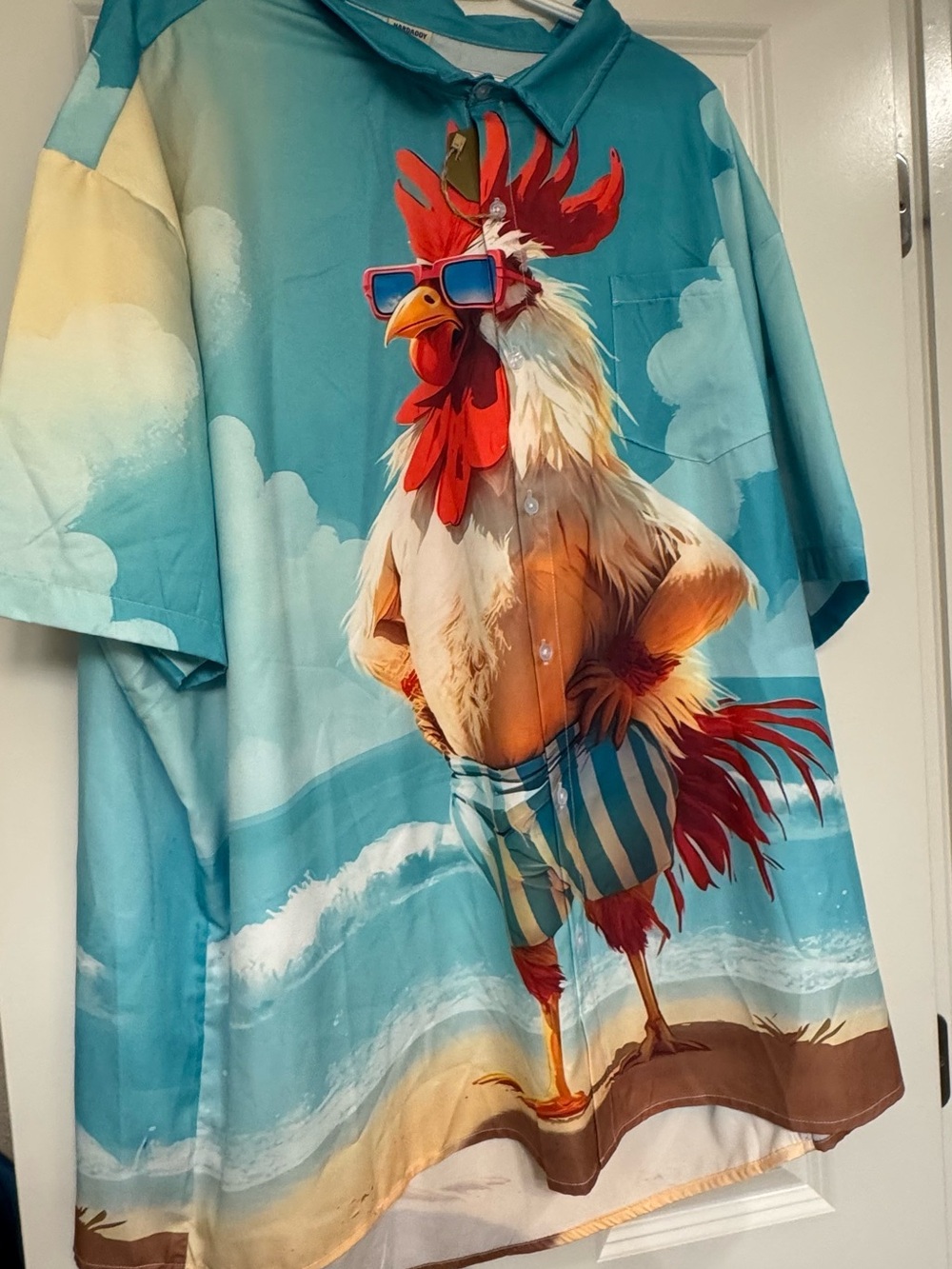 Hardaddy 4X Men's Teal Beach Rooster Print Button-Up Bowling Shirt